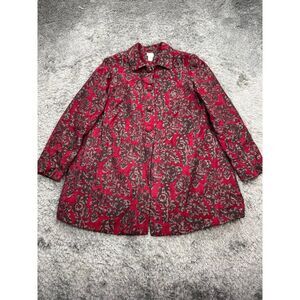 Chicos Blazer Womans 8/10 Red Floral Rayon Brocade Long Jacket Jacquard Coat